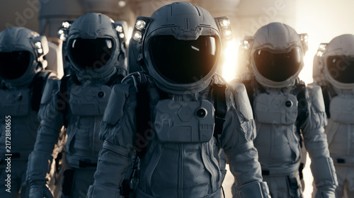 Team of astronauts in space suits getting ready for an exciting mission in a high tech environment