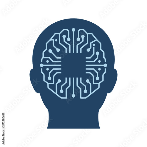 Human head silhouette with circuit board brain design.