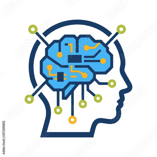 Human head silhouette with circuit board brain illustration.