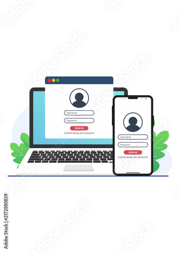 Digital authentication concept showing responsive user login form interface displayed on laptop screen and mobile phone display.