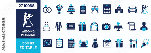Wedding Planning Icon Set Showing Bride Groom Rings Cake Church Invitation Reception Ceremony Vector Illustration Collection