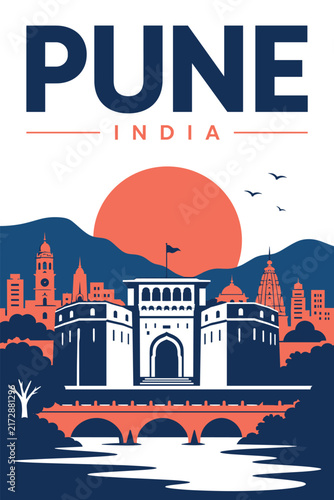 Pune India travel poster featuring Shaniwar Wada, hills, river and sunset in minimalist flat design