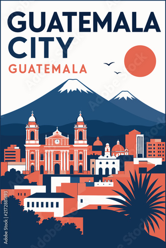 Guatemala City travel poster with cathedral, volcanoes and sunset