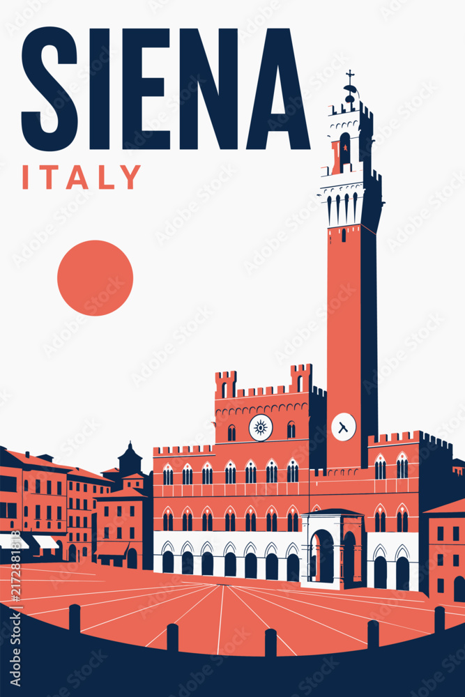 Naklejka premium Siena Italy Travel Poster Featuring Piazza del Campo and Torre del Mangia in Bold Modern Design