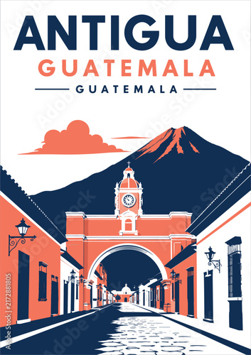 Antigua Guatemala travel poster featuring Santa Catalina Arch and volcano silhouette in minimalist flat design
