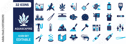 Aquascaping Icon Set Showing Aquarium Fish Tank Plant Care Filter pH Test Equipment Vector Illustration Collection