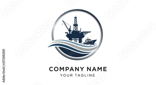 Oil drilling rig and ship logo design with circular frame and waves.