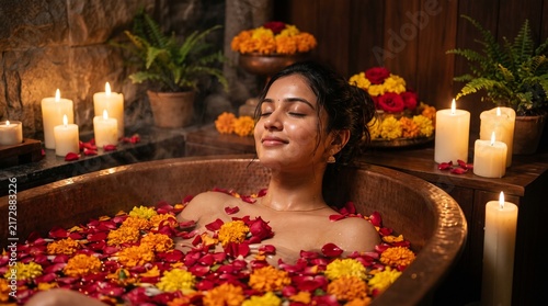 Relaxed Woman Enjoying Herbal Flower Bath in Copper Tub at Luxury Spa Generative AI
