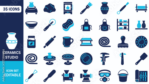 Ceramics Studio Icon Set Showing Pottery Wheel Kiln Clay Vase Sculpting Tools Craft Vector Illustration Collection