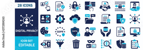 Digital Privacy Icon Set Showing Data Protection GDPR Security Consent Encryption Cybersecurity Vector Illustration Collection