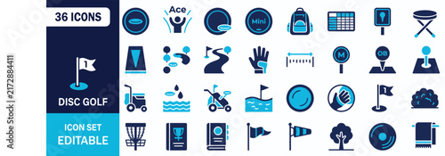 Disc Golf Icon Set Showing Basket Frisbee Course Flag Throwing Sport Equipment Vector Illustration Collection