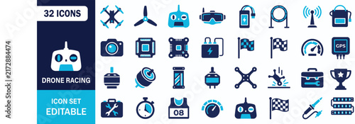 Drone Racing Icon Set Showing FPV Quadcopter Remote Control Goggles Battery Speed Vector Illustration Collection
