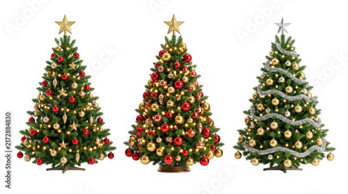 Three realistic christmas trees with lights and ornaments isolated on transparent background