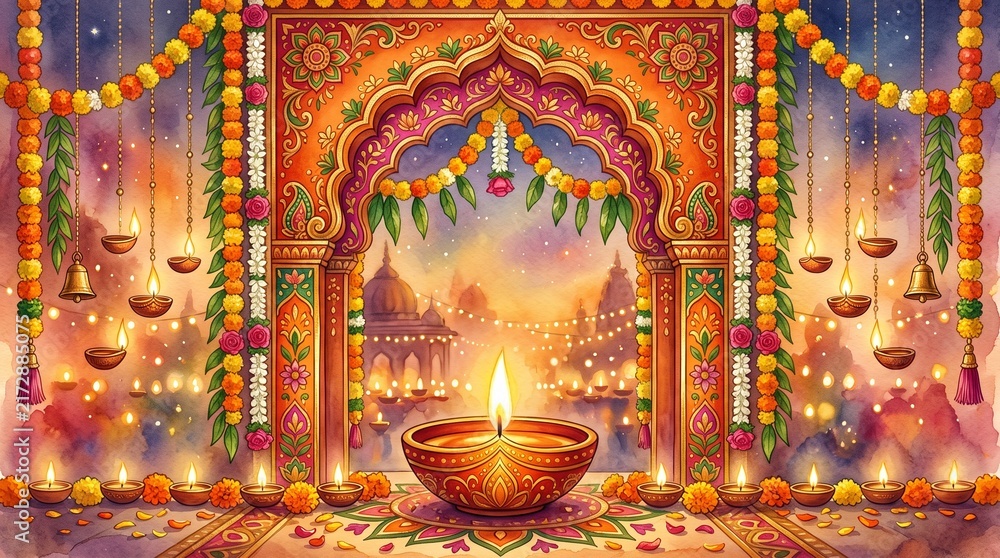 Fototapeta premium Diwali festival background with traditional lamps and marigold flowers