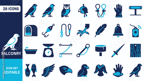 Falconry Icon Set Showing Falcon Hawk Owl Hood Glove Perch Talon Feather Vector Illustration Collection