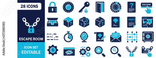 Escape Room Icon Set Showing Puzzle Lock Key Clue Mystery Riddle Timer Vector Illustration Collection