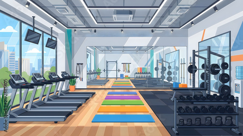 Modern gym interior with treadmills and weightlifting equipment during bright daylight