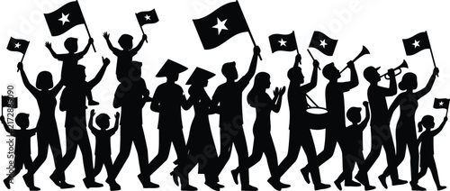 Crowd of People Cheering and Waving Vietnam Flags Parade Silhouette Vector Illustration