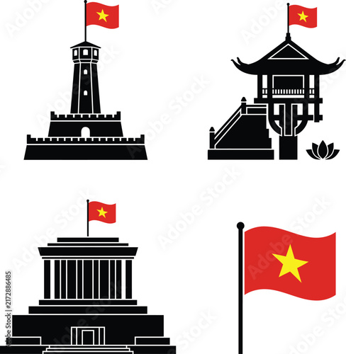 Vietnam Famous Landmarks and National Flag Silhouette Vector Icon Set