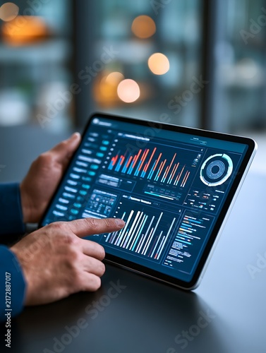 man holding tablet with business data analysis on screen