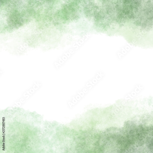 トップとボトムにぼんやりした水彩タッチの背景イラスト　グリーンカラー　白背景