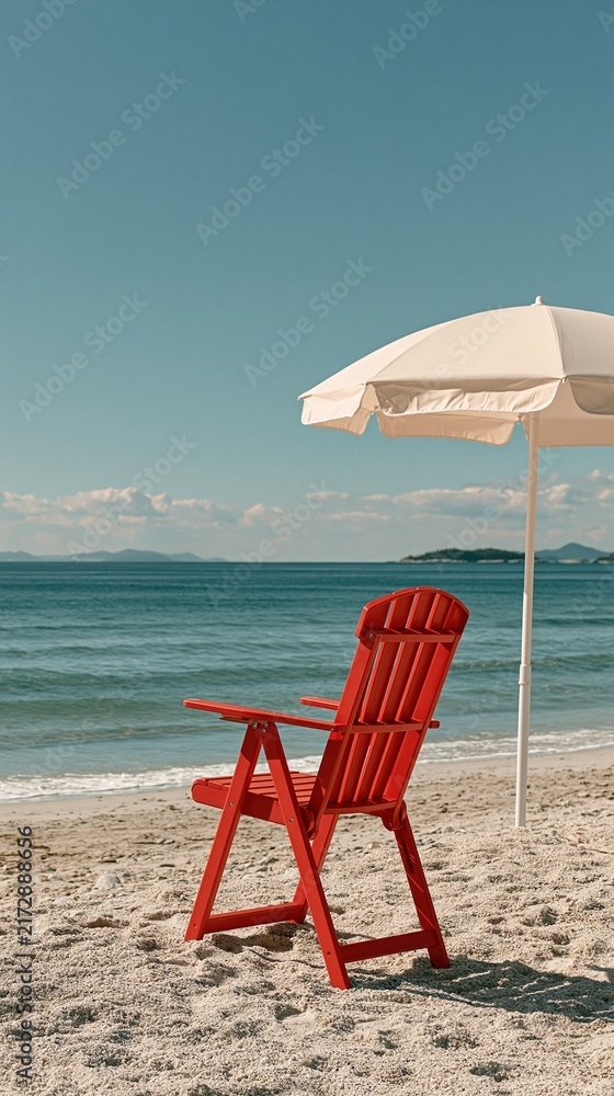 Obraz premium Vibrant red Adirondack chair and umbrella on a serene sandy beach, overlooking calm ocean waters under a clear blue sky.