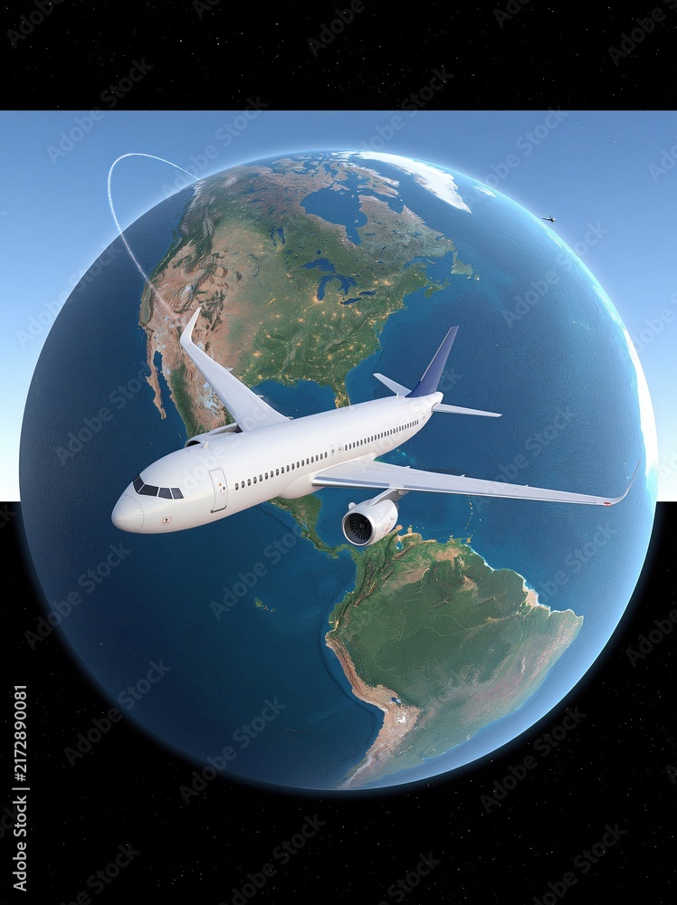 Naklejka premium Modern Passenger Jet Airplane Flying Around the Globe, Illustrating Global Travel and Connectivity