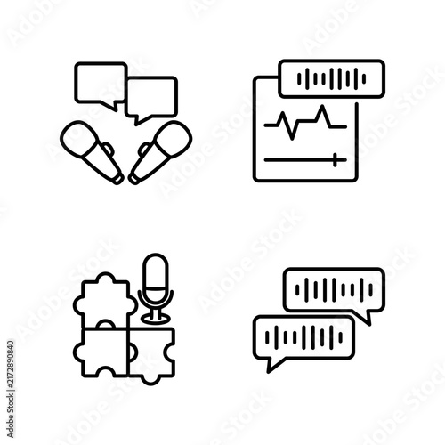 Podcast and voice communication icon set featuring podcast show, equalizer spectrum, audio puzzle, and voice chat bubble