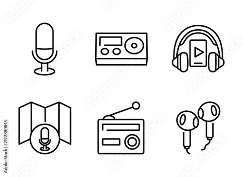 Audio production and broadcasting icon set featuring studio microphone, soundcard, player headphones, earphones, audio waveform, and radio signal