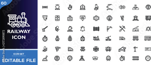 60 Railway Icons Vector Set, Train Symbols, Transport Outline Collection, Editable File