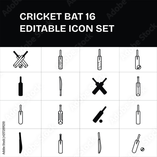 Cricket Bat Editable Icon Set with 16 Minimal Sports Symbols