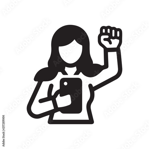 woman with smartphone and raised fist icon for protest or activism