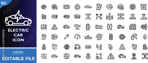 60 electric car icons linear set, ev symbolic signs for web design and mobile app development, transport and automotive interface elements, modern minimalist collection
