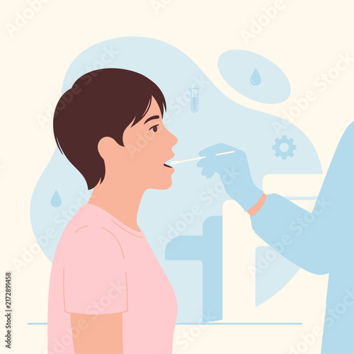 Child receiving a throat swab test from a medical practitioner in clinic illustration.
