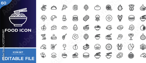 60 food icons set, editable vector symbols collection, modern minimalist menu design elements, culinary pictograms for website apps, isolated black outlines of pizza, burger, sushi, noodle bowl