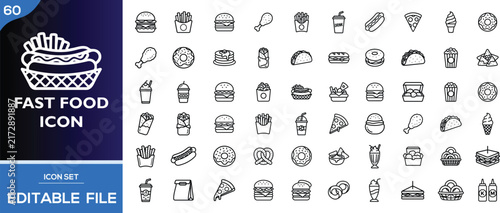Set Of 60 Fast Food Icons, Editable Vector Line Set For Menu Design, Burgers, Fries, Pizza, Coffee And Drink Outlines