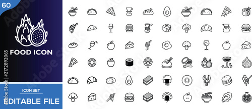 Set of 60 food line icons, culinary outline symbols collection, food categories vector graphics for menu and web design