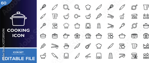 60 Cooking Icons Set, Kitchen Utensils and Appliances Outlines, Minimalist Culinary Vector Collection, Editable Lines for Web Design and UI