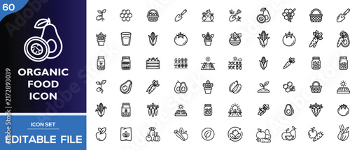 60 organic food icons, eco graphics, linear style, healthy vector signs, nature produce symbols, raw ingredients collection