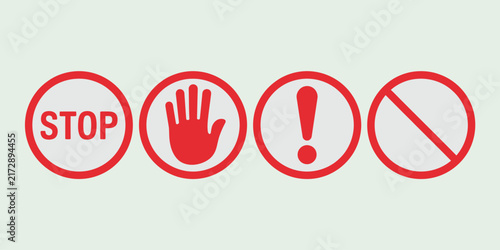 Stop Warning Icons, Red Hand Danger Symbol Emergency Caution and Traffic Safety Vector Graphics