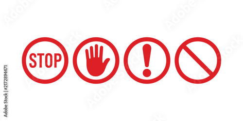 Red Stop Signs, Stop Hand Symbol Danger Warning and Safety Vector Icon Set