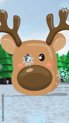 Animation of snowflakes falling over reindeer face icon and trees on winter landscape