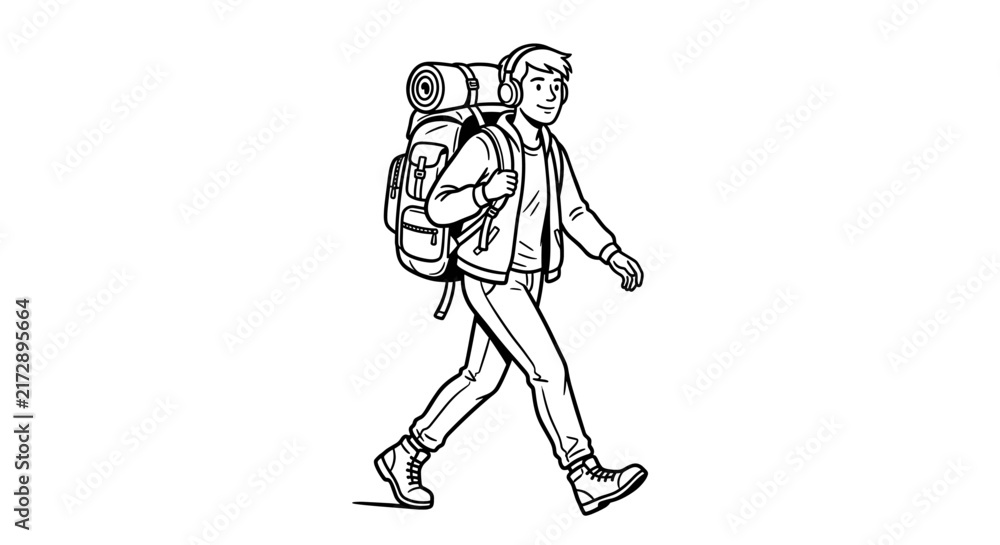 Fototapeta premium Minimalist black and white line art illustration of a happy young man hiking with a large backpack, wearing headphones and boots, walking forward, isolated on a white background.