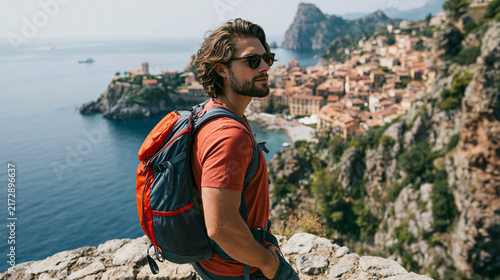 A Traveler's Gaze Over a Coastal Village A man with a backpack stands on a rocky outcrop, looking out at a picturesque coastal village nestled beside the sparkling blue sea.