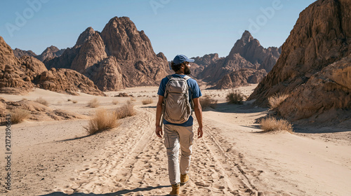 Desert Trekker A lone explorer journeys through a vast, sun-drenched desert landscape, surrounded by towering rock formations and a path of sand stretching into the horizon.