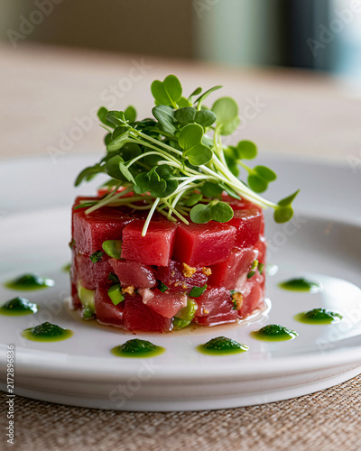 Tuna Tartare Delight A beautifully presented tuna tartare tower, adorned with fresh microgreens and a vibrant green sauce, sits elegantly on a white plate, showcasing culinary artistry.