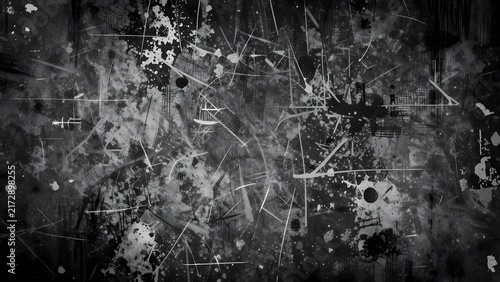 Grungy black and white concrete wall texture with dark distressed paint splatter background