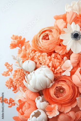 Arrangement of peach and white delicate flowers with textured petals against a soft light background.
