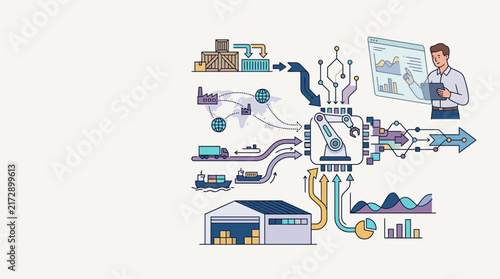 Illustrated infographic showing modern technology and business analytics integration.