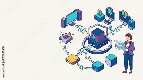 Illustrated concept of interconnected digital devices and cloud computing network.
